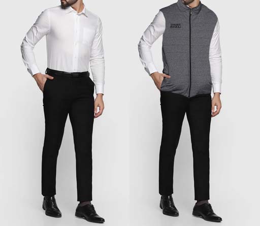 An image of 2 dressing combination for men 1. White shirt paired with black trousers 2. White shirt paired with maroon trousers and layered with grey half jacket 