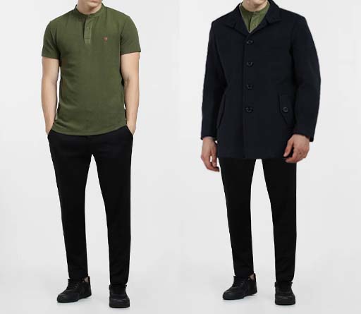 An image of 2 dressing combination for men 1. Olive green Henley paired with black trousers 2 Olive green Henley paired with black trousers and layered with Black coat 