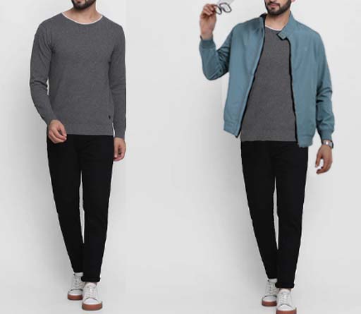 An image of 2 dressing combination for men 1. Black Trousers with grey crew neck sweater 2. Black Trousers with grey crew neck sweater and layered with olive green jacket 