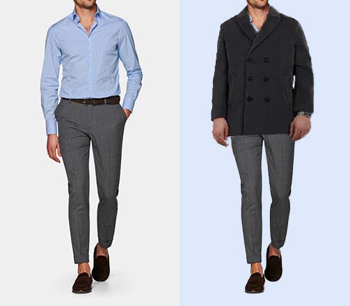 An image of 2 dressing combination for men 1. Light blue shirt paired with light grey trousers 2. Light blue shirt paired with light grey trousers s and layered with charcoal overcoat 