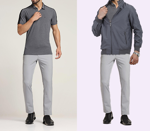 An image of 2 dressing combination for men 1. grey shirt paired with dark grey trousers 2. grey shirt paired with dark grey trousers layered with gray bomber jacket. 