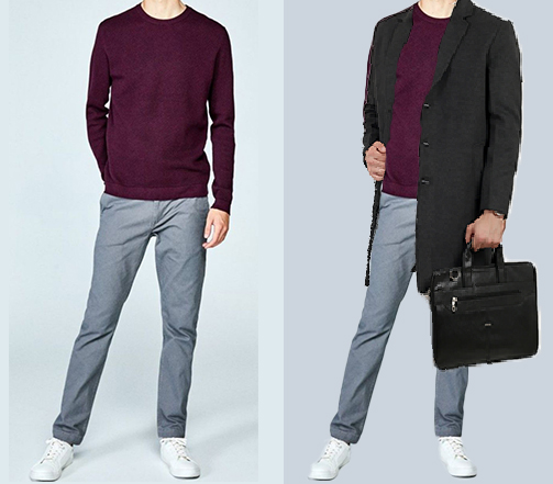 An image of 2 dressing combinations for men 1. Burgundy pullover paired with grey Trousers 2. Burgundy pullover paired with grey Trousers layered with black long coat 