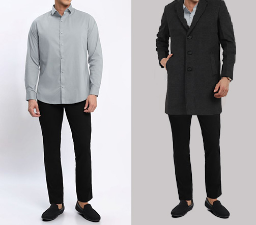 An image of 2 dressing combination for men 1.grey formal Shirt paired with black chinos 2. grey formal Shirt paired with black chinos and layered black coat 