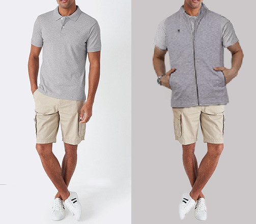 An image of 2 dressing combination for men 1.Grey Shirt paired with beige shorts 2. Grey Shirt paired with beige shorts and layered with l grey half jacket. 