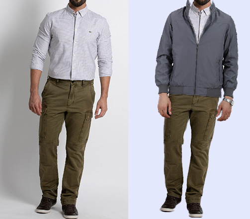 An image of 2 dressing combination for men 1.Grey Shirt paired olive green cargo pant 2 Grey Shirt paired olive green cargo pant olive green cargo pant and layered with grey utility jacket 