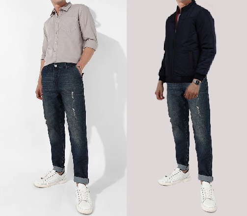 An image of 2 dressing combination for men 1.Grey Shirt paired with Dark denim jeans 2. Grey Shirt paired with Dark denim jeans and layered with black bomber jacket 