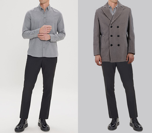 An image of 2 dressing combination for men 1. Grey shirt paired with Charcoal Trousers 2. Grey shirt paired with Charcoal Trousers and layered with Grey double-breasted coat 