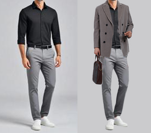  An image of 2 dressing combination for men 1. Grey trousers with black dress shirt 2. Grey trousers with black dress shirt and layered with grey formal coat 