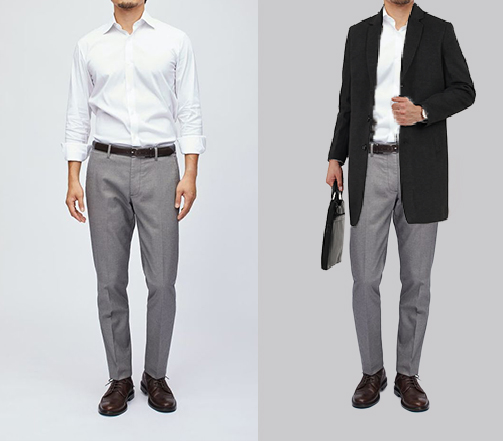 An image of 2 dressing combination for men 1. Grey trouser with white casual shirt 2. Grey trouser with white casual shirt and layered with black long coat 