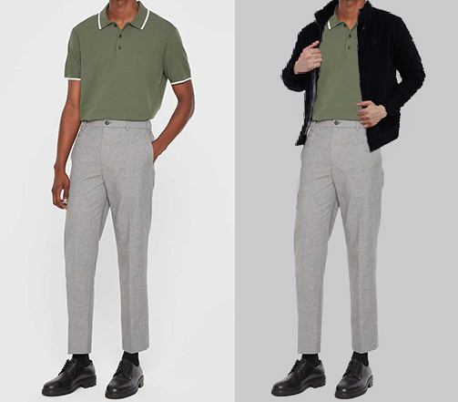  An image of 2 dressing combination for men 1. Olive green Henley shirt with grey trousers 2 Olive green Henley shirt with grey trousers and layered with black short jacket 