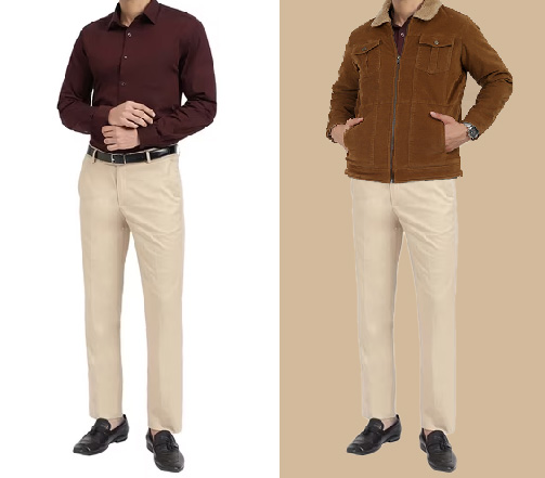 An image of 2 dressing combination for men 1.Maroon Shirt paired with beige trousers 2. Maroon Shirt paired with beige trousers and layered with tan short coat