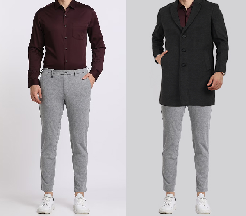  An image of 2 dressing combination for men 1. Maroon shirt paired with grey chinos 2. . Maroon shirt paired with grey chinos and layered with charcoal overcoat 