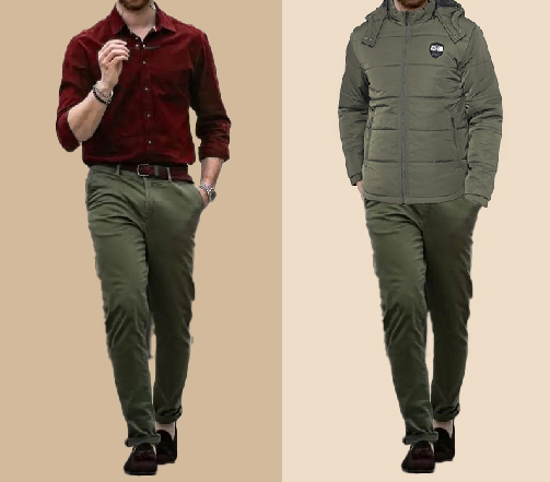 An image of 2 dressing combination for men 1.Maroon shirt paired with olive green cargo pants 2. Maroon shirt paired with olive green cargo pants layered with olive green bomber jacket. 