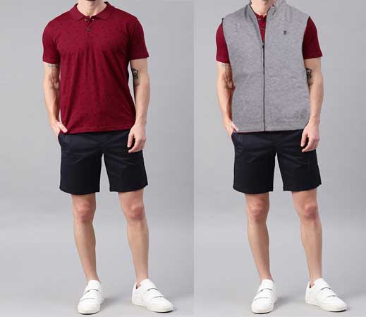 An image of 2 dressing combination for men 1. Maroon t-shirt paired with navy blue shorts 2. Maroon t-shirt paired with navy blue shorts layered with light grey bomber jacket. 