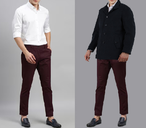  An image of 2 dressing combination for men 1. formal maroon Shirt paired with black dress pants 2 formal maroon Shirt paired with black dress pants and layered with black coat 