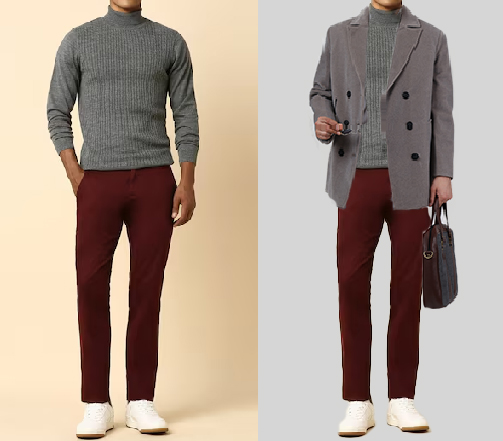 An image of 2 dressing combination for men 1.light grey turtleneck paired maroon trousers 2 light grey turtleneck paired maroon trousers and layered with grey overcoat 