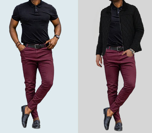 An image of 2 dressing combination for men 1.Black Henely paired with maroon trousers 2. Black Henely paired with maroon trousers and layered with black utility jacket 