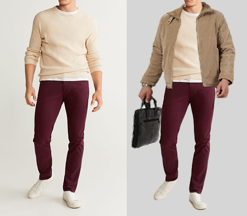 An image of 2 dressing combination for men 1. Cream sweater paired with Maroon Trousers 2. Cream sweater paired with Maroon Trousers and layered with beige formal coat 