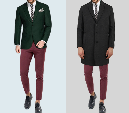 An image of 2 dressing combination for men 1. White shirt paired with maroon trousers and layered with dark green blazer 2. White shirt paired with maroon trousers and layered with black long coat