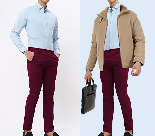 An image of 2 dressing combination for men 1. Light blue shirt with maroon trousers 2 Light blue shirt with maroon trousers and layered with brown jacket 