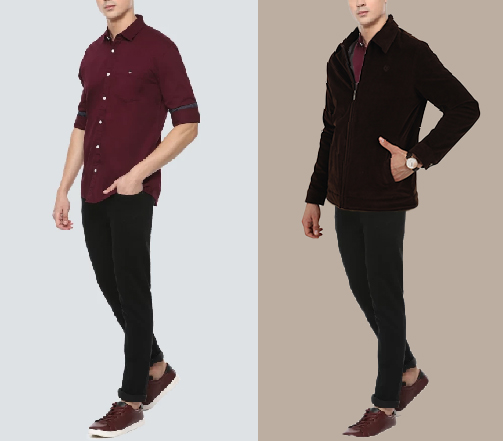 An image of 2 dressing combination for men 1. Maroon shirt with Black Jeans 2. Maroon shirt with Black Jeans and layered with black jacket 