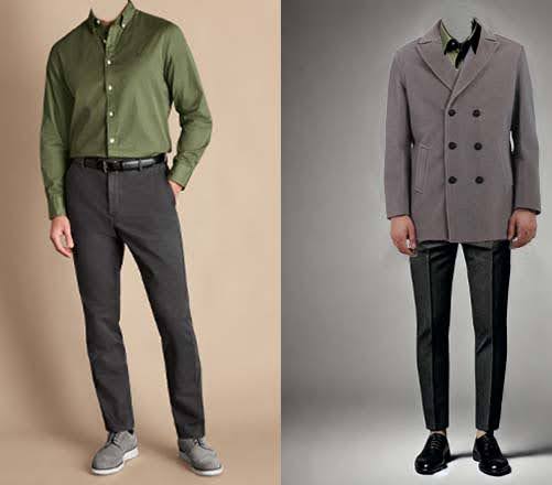 An image of 2 dressing combinations for men 1.Olive Green Shirt paired with Charcoal Grey Trousers 2.olive Green Shirt paired with Charcoal Grey Trousers and layered Charcoal Overcoat