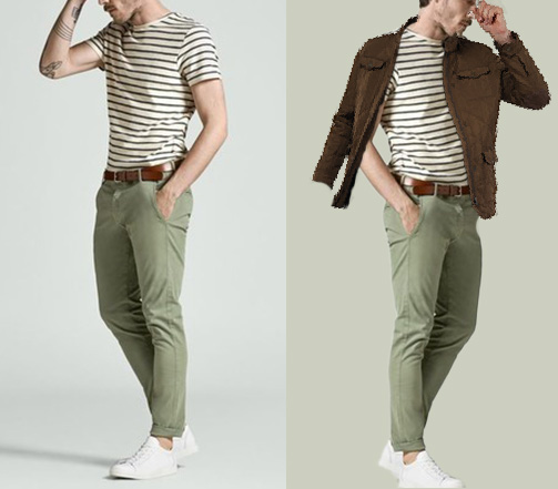 An image of 2 dressing combinations for men 1.striped crew neck tee paired with olive green Trousers 2. striped crew neck tee paired with olive green and layered brown casual jacket 