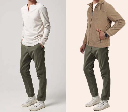 An image of 2 dressing combinations for men 1. Beige henely shirt paired with olive green Trousers 2. Beige henely shirt paired with olive green Trousers and layered khaki jacket 