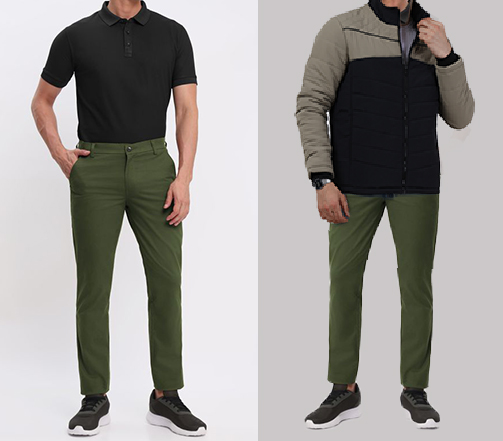 An image of 2 dressing combinations for men 1.Black polo t-shirt paired with olive green Trousers 2. Black polo t-shirt paired with olive green Trousers layered Black jacket 