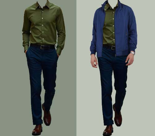 An image of 2 dressing combinations for men 1.Olive Green Shirt paired with black Trousers 2.olive Green Shirt paired with black Trousers and layered black coat