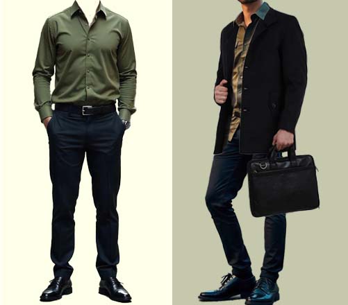 An image of 2 dressing combinations for men 1.Olive Green Shirt paired with Charcoal Grey Trousers 2.olive Green Shirt paired with Charcoal Grey Trousers and layered Charcoal Overcoat