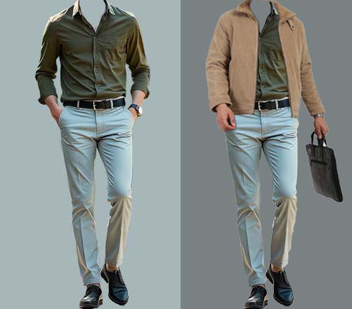 An image of 2 dressing combinations for men 1.Olive Green Shirt paired with light grey chinos 2. Olive green Shirt paired with light grey chinos and layered Khaki coat 