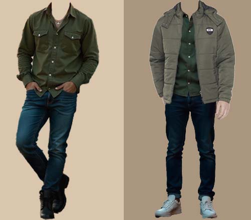 An image of 2 dressing combinations for men 1.Olive Green Shirt paired with Dark denim jeans 2.olive Green Shirt paired with Dark denim jeans and layered olive green bomber jacket 