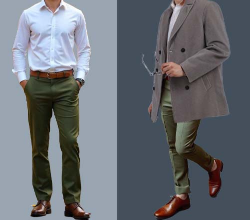 An image of 2 dressing combinations for men 1White Shirt paired with olive green Trousers 2. 1White Shirt paired with olive green Trousers and layered grey coat 