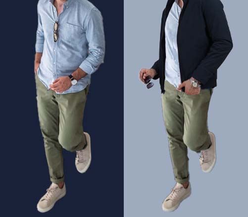 An image of 2 dressing combinations for men 1.Olive Green Shirt paired with navy Trousers 2.olive Green Shirt paired with navy Trousers and layered navy coat