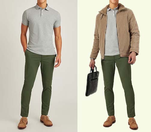 An image of 2 dressing combinations for men 1.grey t-shirt shirt paired with olive green trousers 2. grey t-shirt shirt paired with olive green trousers and layered with beige short jacket