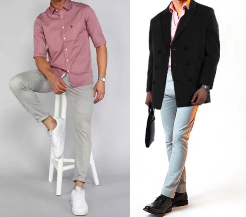 An image of 2 dressing combination for men 1.pink Shirt paired with light Grey chinos 2. pink Shirt paired with light Grey chinos and layered with black formal coat 