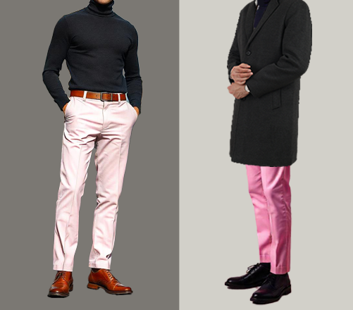 An image of 2 dressing combination for men 1.Black turtleneck paired with light pink trousers and layered with grey blazer 2. Black turtleneck paired with light pink trousers and layered with black long coat 