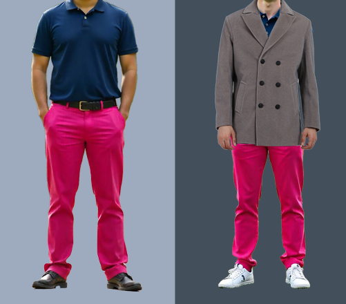 An image of 2 dressing combination for men 1.Black turtleneck paired with light pink trousers and layered with grey blazer 2. Black turtleneck paired with light pink trousers and layered with black long coat 