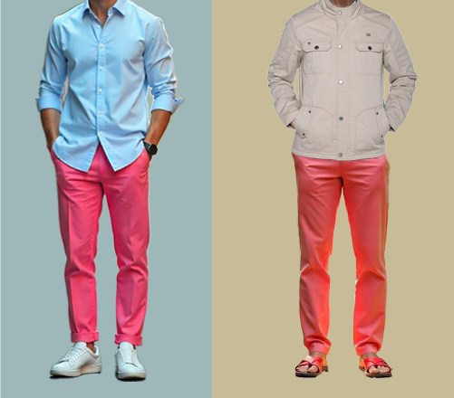 An image of 2 dressing combination for men 1.Light blue shirt paired with pink Trousers 2. Light blue shirt paired with pink Trousers layered with cream jacket 