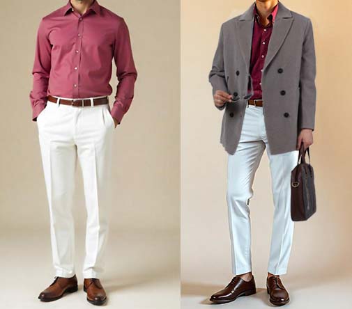  An image of 2 dressing combination for men 1.pink Shirt paired with light Grey chinos 2. pink Shirt paired with light Grey chinos and layered with light grey coat