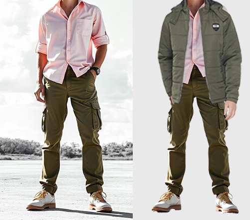 An image of 2 dressing combination for men 1.Light pink Shirt paired olive green cargo pant 2 Light pink Shirt paired olive green cargo pant and layered with olive green utility jacket 