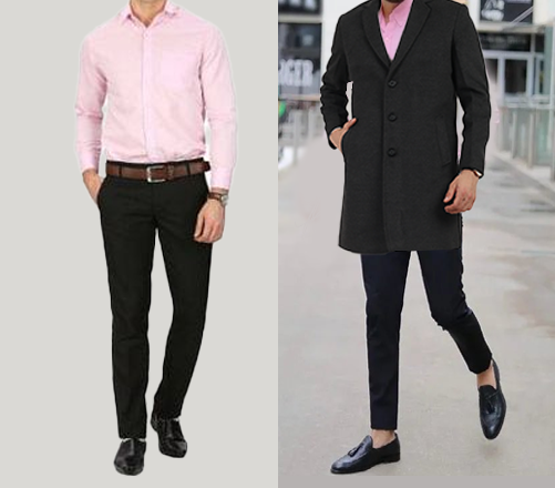  An image of 2 dressing combination for men 1.Pink Shirt paired with Black Dress pants 2. Pink Shirt paired with Black Dress pants and layered with black overcoat 