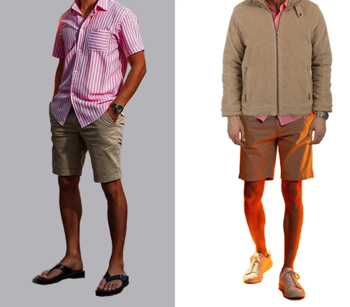 An image of 2 dressing combination for men 1. Pink shirt paired with Khaki shorts 2. Pink shirt paired with Khaki shorts and layered with beige coat 