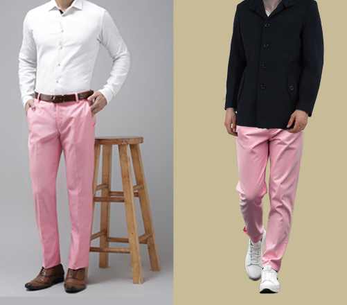 An image of 2 dressing combination for men 1. White shirt with pink trousers 2. White shirt with pink trousers and layered with navy blazer 