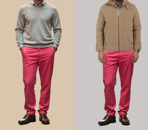 An image of 2 dressing combination for men 1. Light grey sweater with dark pink trousers 2. Light grey sweater with dark pink trousers and layered with beige overcoat 