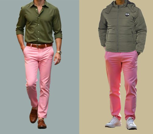 An image of 2 dressing combination for men 1. Olive green shirt with baby pink trousers 2. Olive green shirt with baby pink trousers and layered with olive green utility jacket 