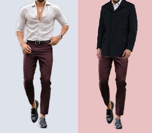 An image of 2 dressing combinations for men 1.White shirt with maroon dress pants 2. White shirt with maroon dress pants and layered with navy coat