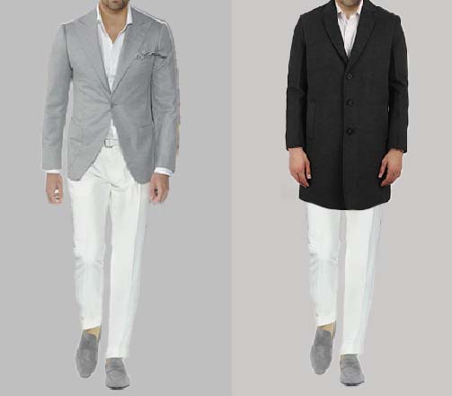 An image of 2 dressing combinations for men 1.white shirt paired with white trousers and layered with grey blazer 2. white shirt paired with white trousers and layered with black long coat. 