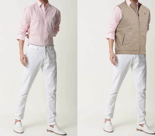  An image of 2 dressing combinations for men 1. Pink shirt paired with white Trousers 2. Pink shirt paired with white Trousers and layered beige sleeveless coat.